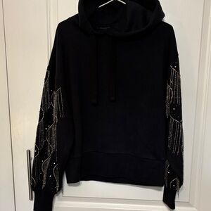 AllSaints Lennon Tassel  Black Hoodie with Silver Beaded Fringe on Sleeves